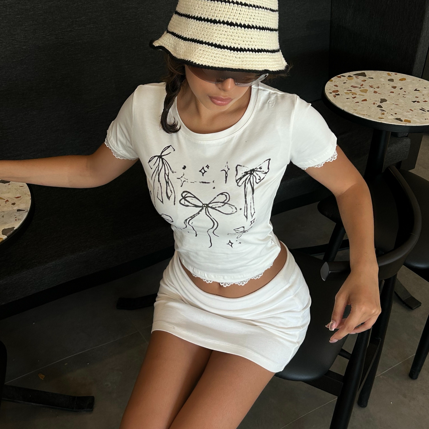 Crop top à manches courtes White Bow Star College