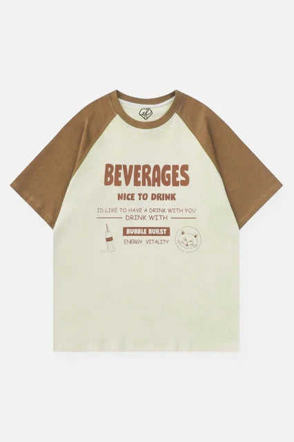 T-shirt unisexe surdimensionné à manches raglan et imprimé boissons