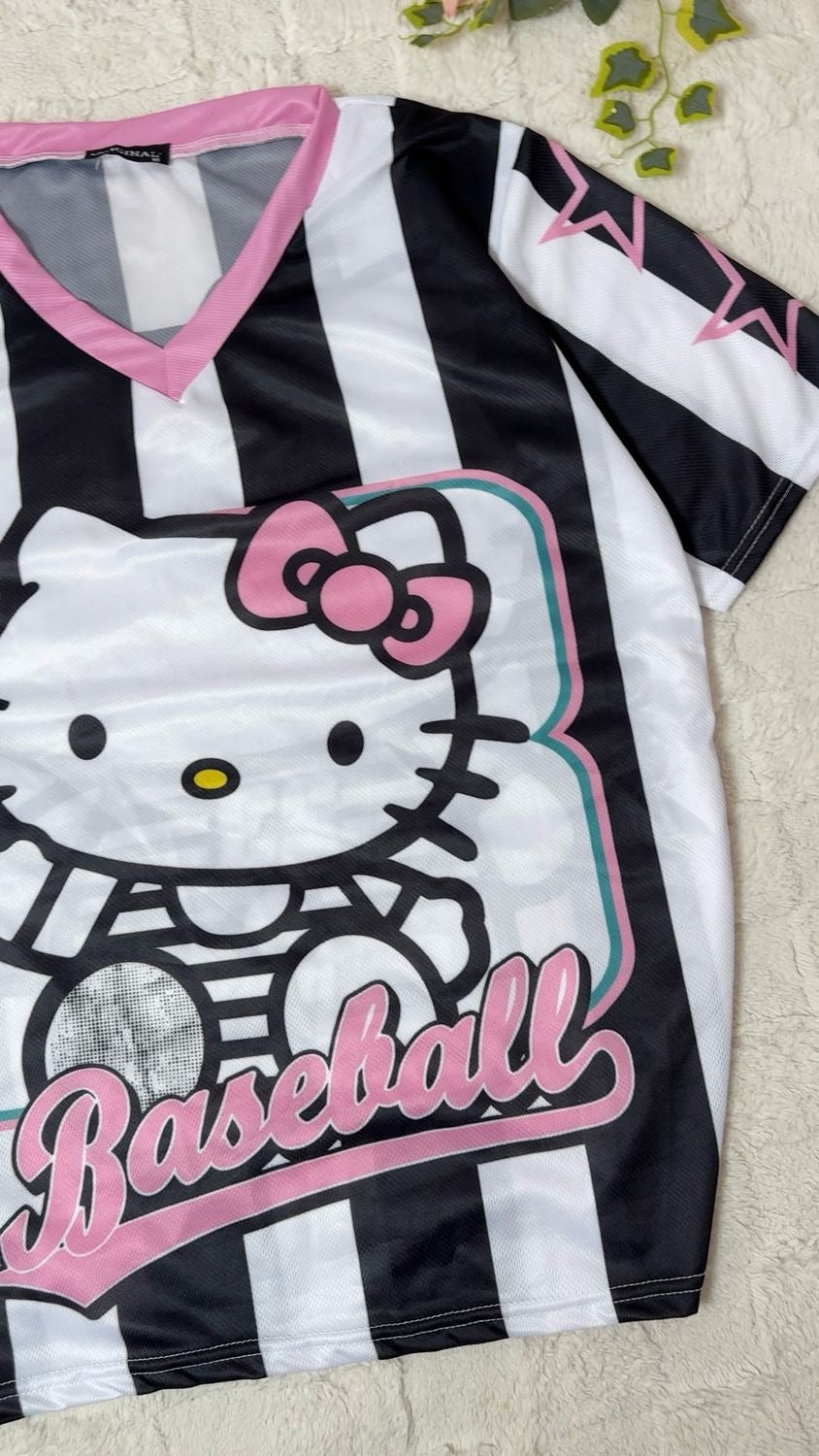 Maillot unisexe surdimensionné Hellokitty à rayures noires et blanches