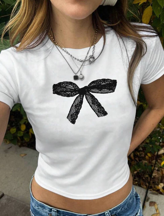 Crop top noir à nœud en dentelle 