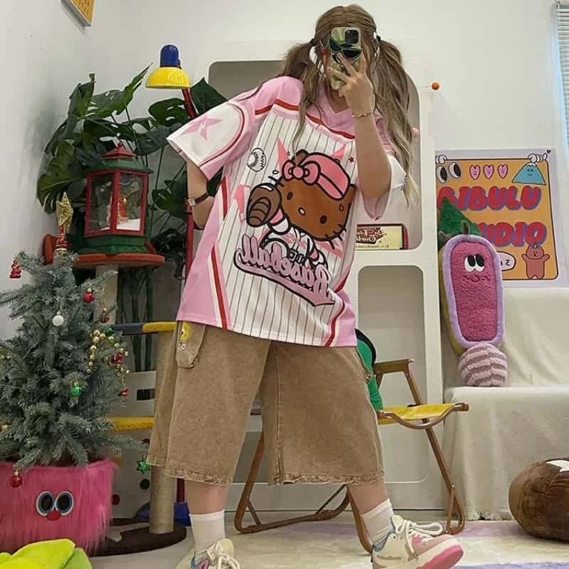Maillot de baseball rose surdimensionné unisexe Hello Kitty