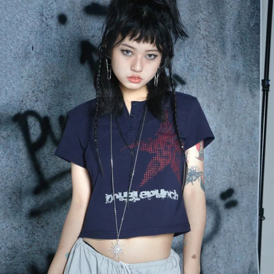 Haut boutonné à manches courtes style punk Y2K bleu marine avec étoiles