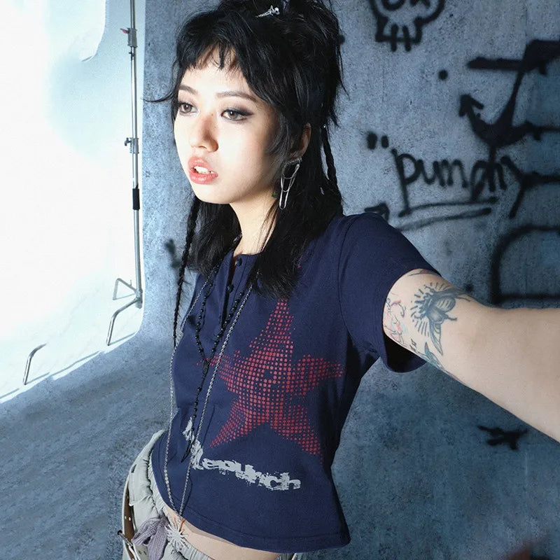 Haut boutonné à manches courtes style punk Y2K bleu marine avec étoiles