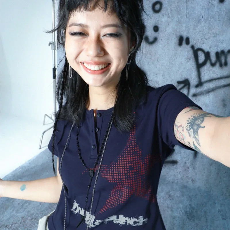 Haut boutonné à manches courtes style punk Y2K bleu marine avec étoiles
