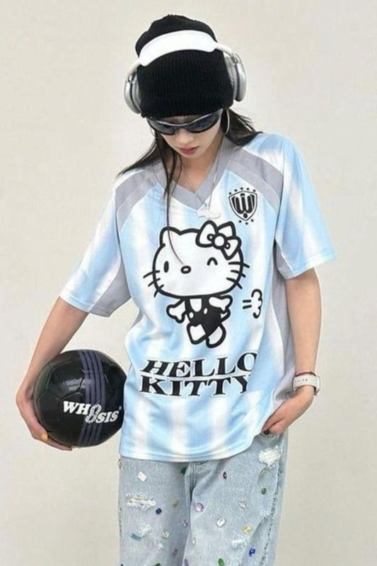 Maillot unisexe surdimensionné Blue White Kitty