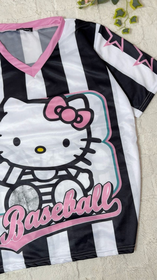 Maillot unisexe surdimensionné Hellokitty à rayures noires et blanches