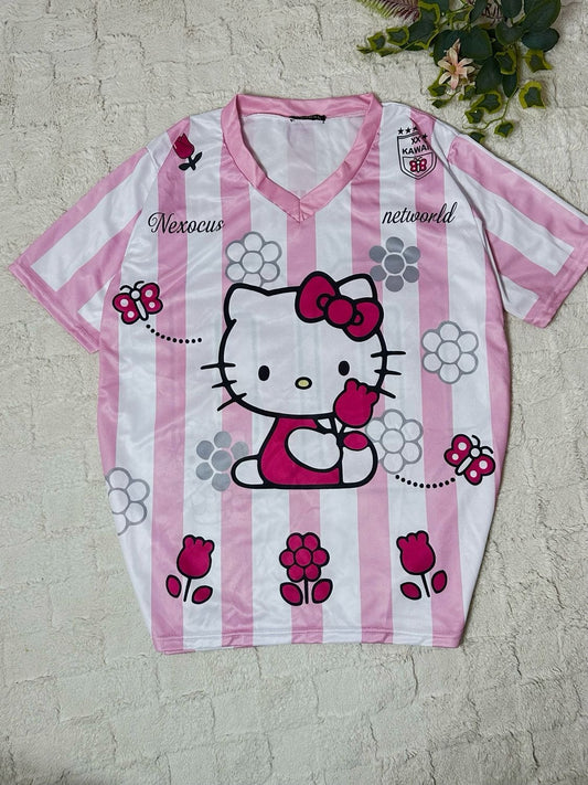 Maillot unisexe surdimensionné Hellokitty à rayures roses et blanches