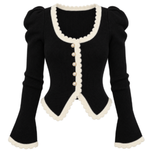 Puff Sleeve Round Neck Contrast Trim Faux Pearl Button Sweater