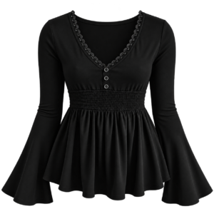 Bell Sleeve V-Neck Lace-Trim Plain A-Line T-Shirt