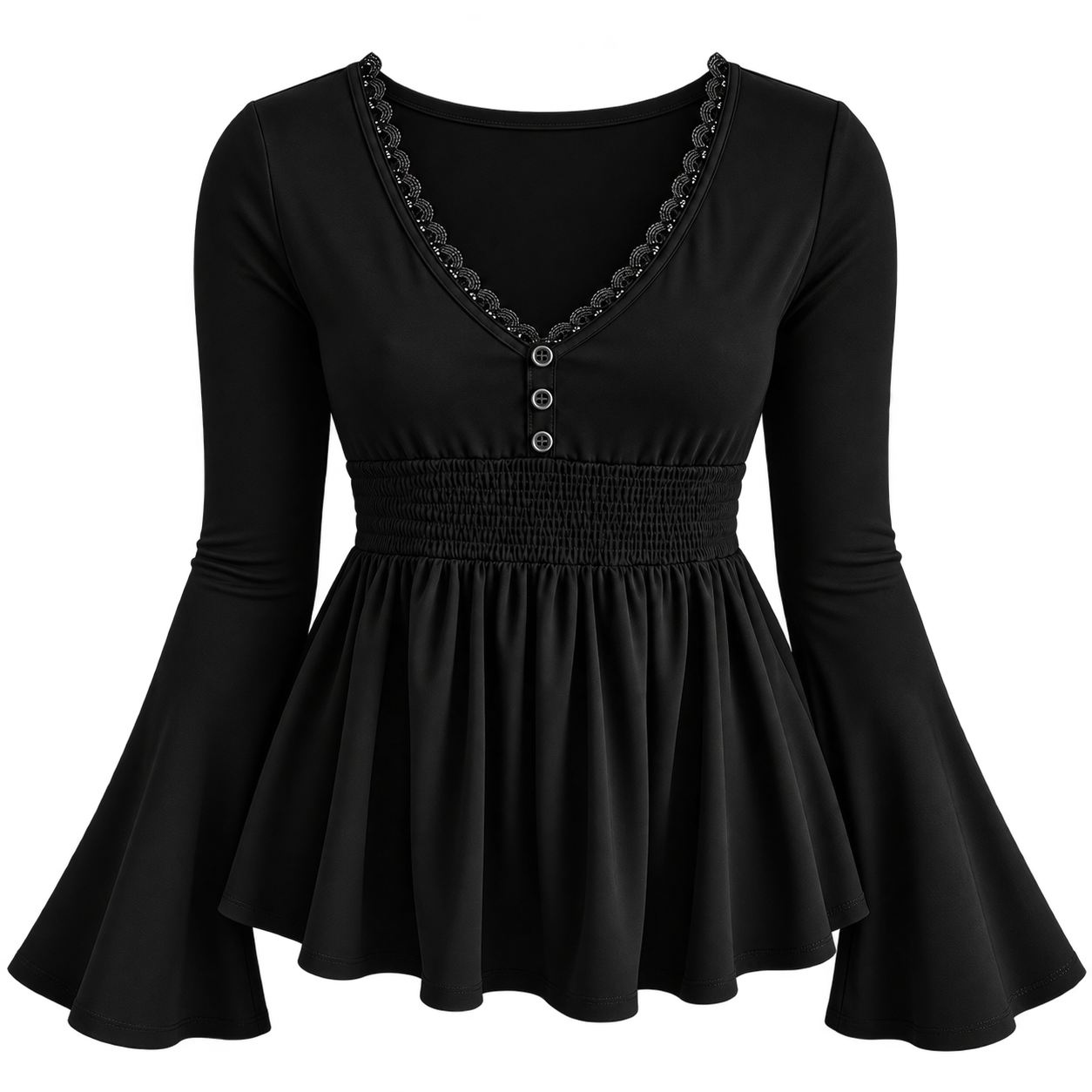 Bell Sleeve V-Neck Lace-Trim Plain A-Line T-Shirt