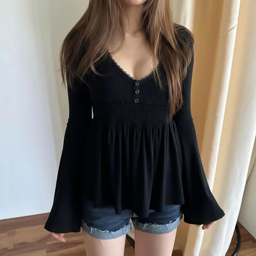 Bell Sleeve V-Neck Lace-Trim Plain A-Line T-Shirt - Image 2