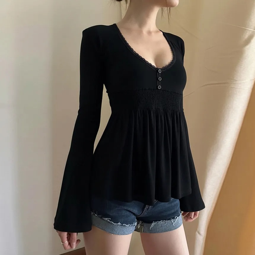 Bell Sleeve V-Neck Lace-Trim Plain A-Line T-Shirt - Image 3