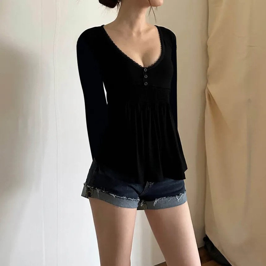 Bell Sleeve V-Neck Lace-Trim Plain A-Line T-Shirt - Image 4