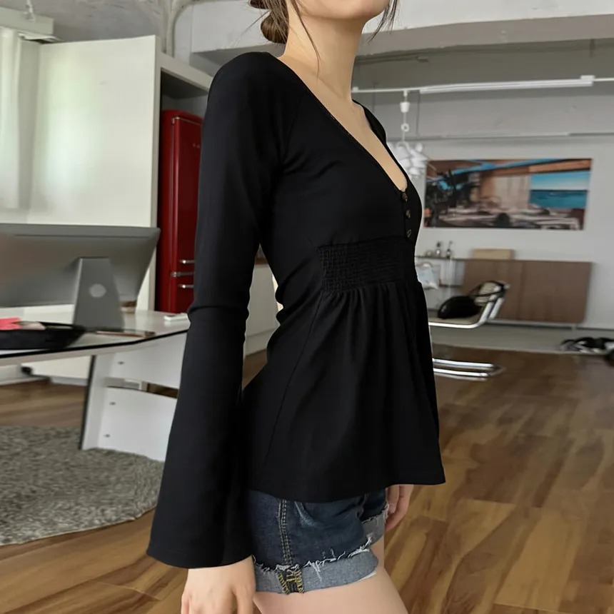 Bell Sleeve V-Neck Lace-Trim Plain A-Line T-Shirt - Image 5