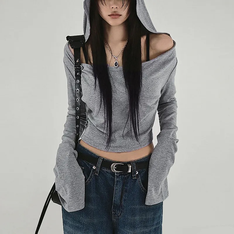 Long Sleeve Off Shoulder Plain Hooded Top - Image 2