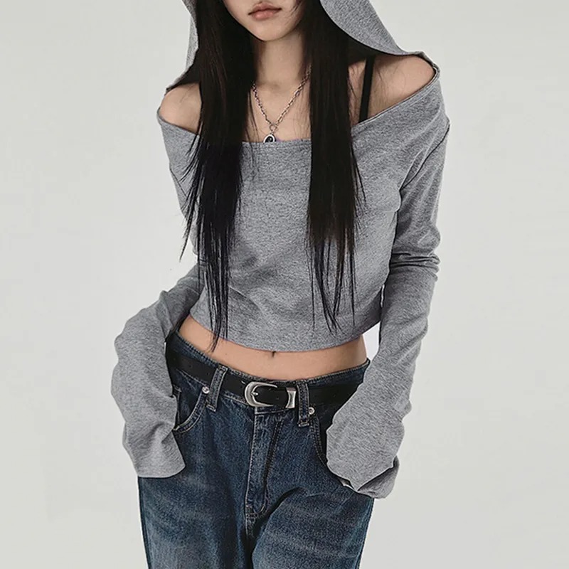 Long Sleeve Off Shoulder Plain Hooded Top - Image 4
