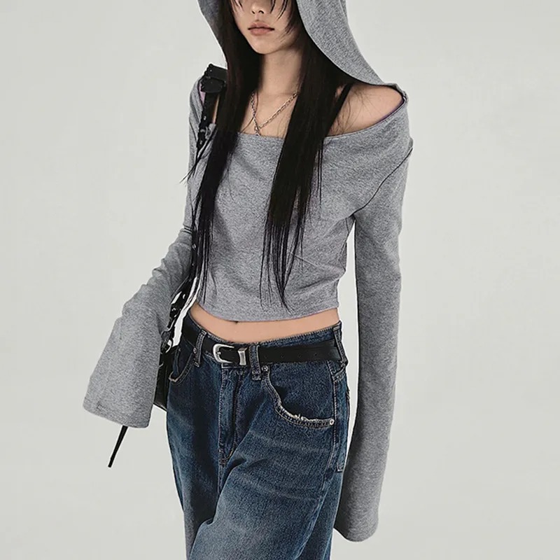 Long Sleeve Off Shoulder Plain Hooded Top - Image 5
