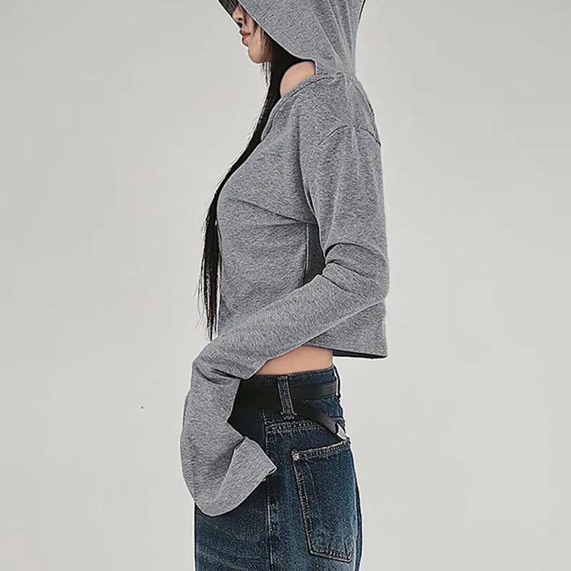 Long Sleeve Off Shoulder Plain Hooded Top - Image 3